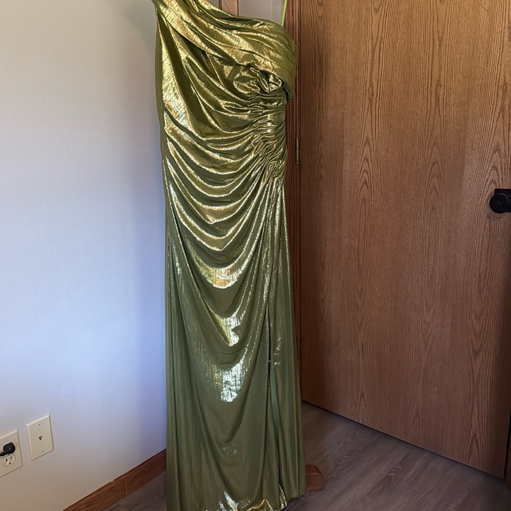 Mac Duggal Green Ruched Cowl Neck Gown
